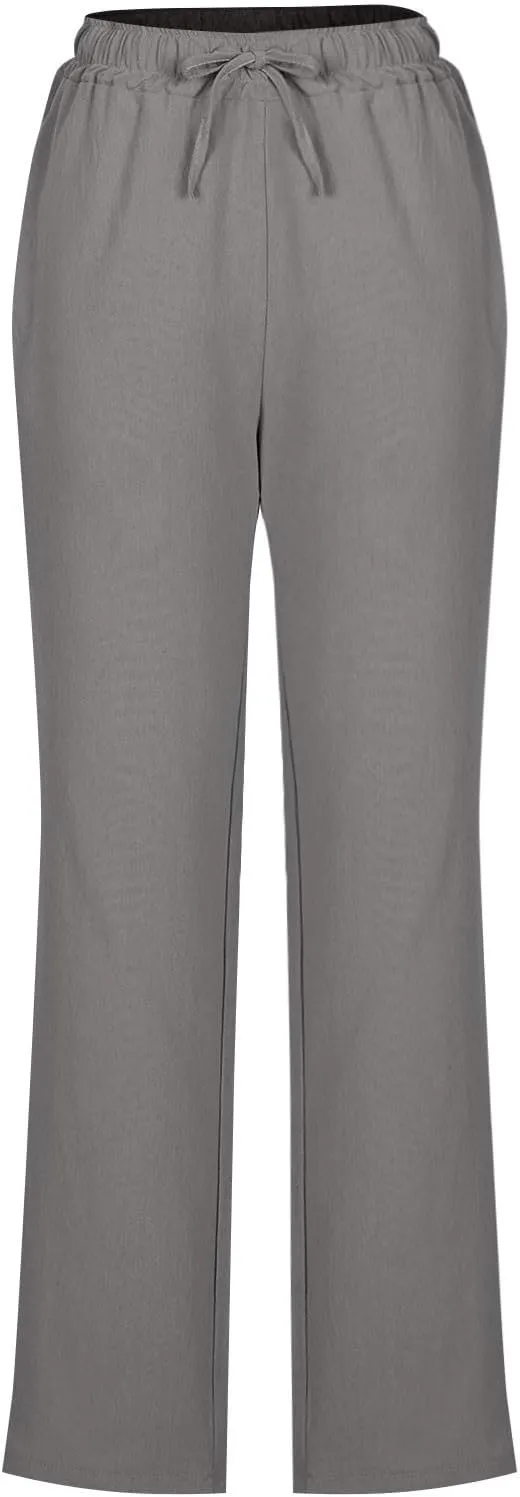 2025 Women Summer Lounge Pants High Waisted Cotton Linen Palazzo Pants Wide Leg Long Trousers with Pockets Fit Slacks