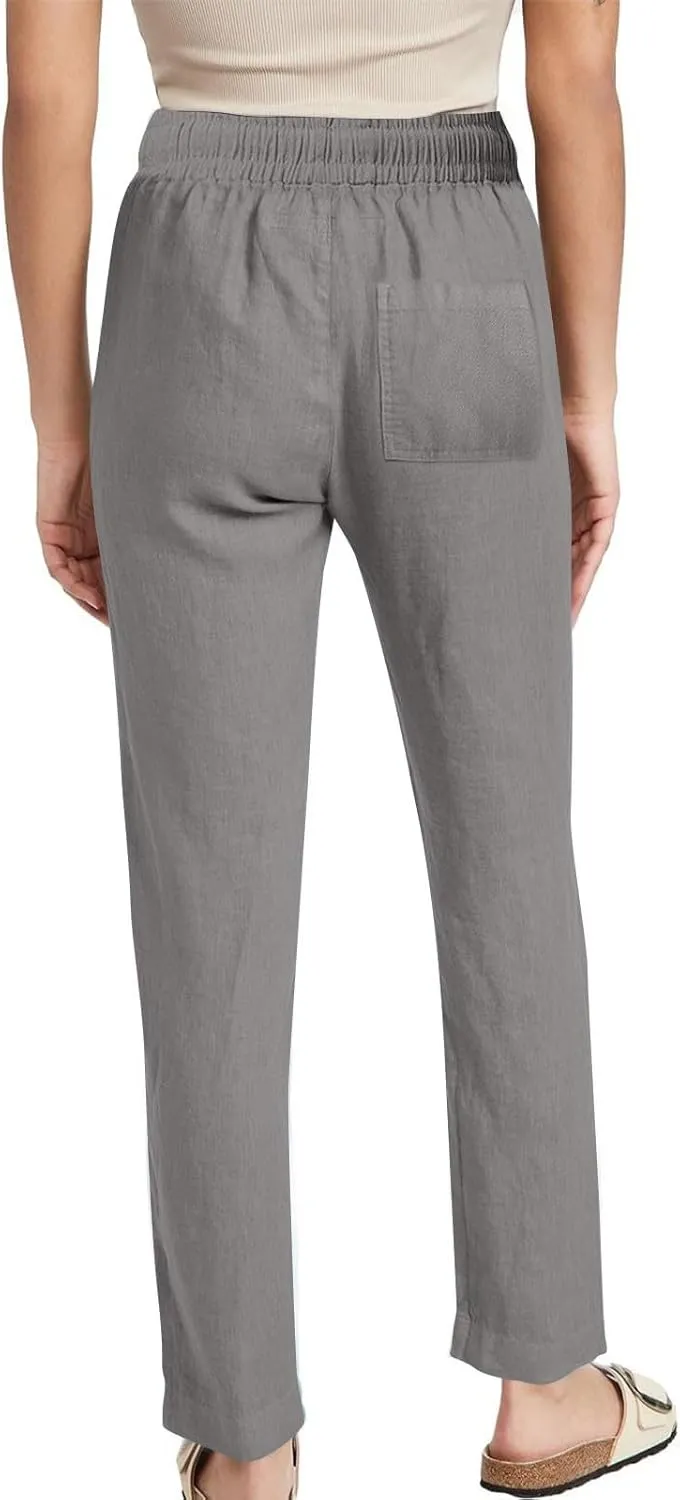 2025 Women Summer Lounge Pants High Waisted Cotton Linen Palazzo Pants Wide Leg Long Trousers with Pockets Fit Slacks