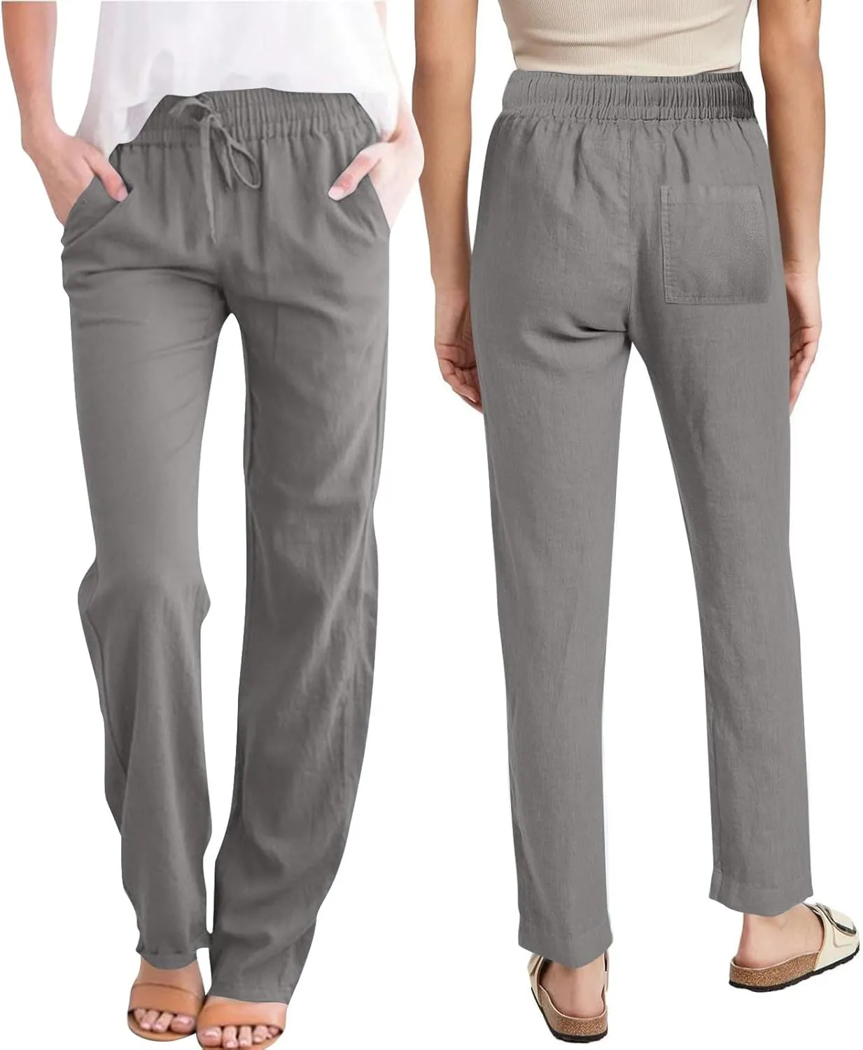2025 Women Summer Lounge Pants High Waisted Cotton Linen Palazzo Pants Wide Leg Long Trousers with Pockets Fit Slacks