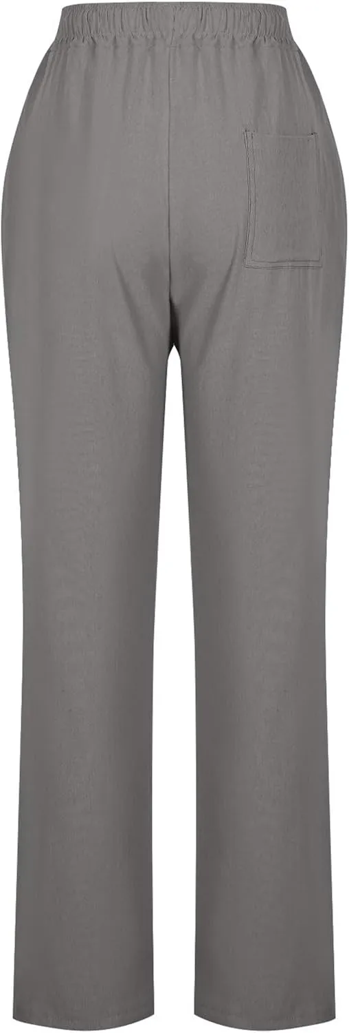2025 Women Summer Lounge Pants High Waisted Cotton Linen Palazzo Pants Wide Leg Long Trousers with Pockets Fit Slacks