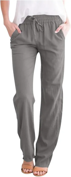 2025 Women Summer Lounge Pants High Waisted Cotton Linen Palazzo Pants Wide Leg Long Trousers with Pockets Fit Slacks
