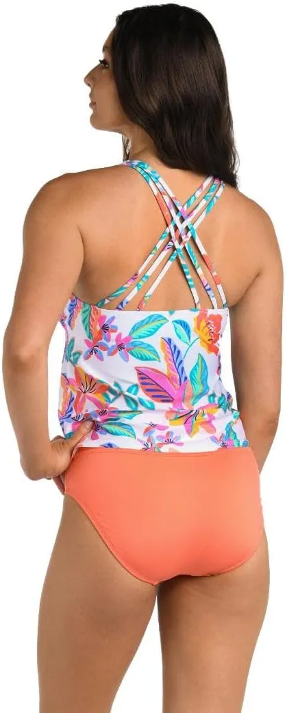 24th & Ocean Women's Blue Tropical Leaves Crisscross Scoop Neck Sleeveless Tankini Top