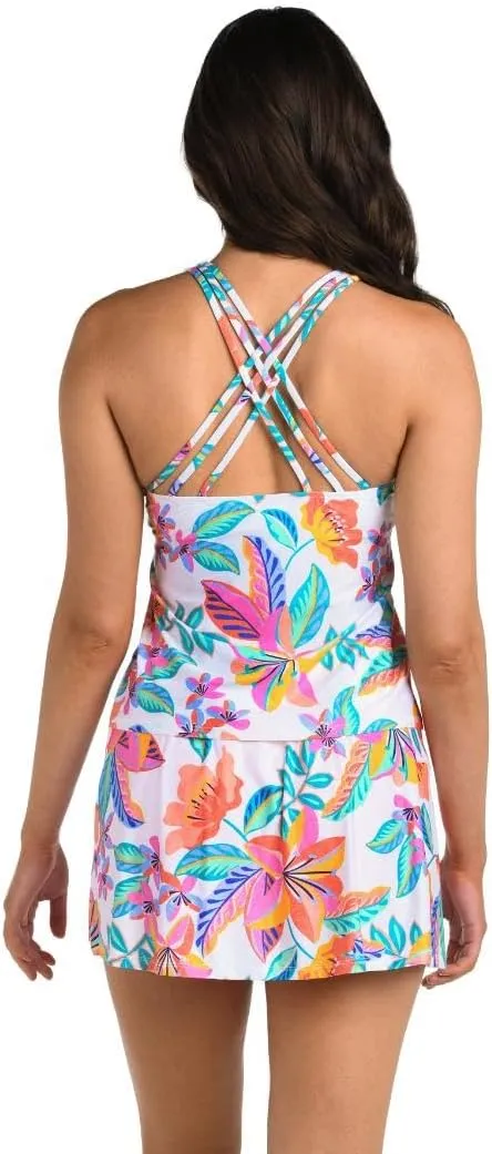 24th & Ocean Women's Blue Tropical Leaves Crisscross Scoop Neck Sleeveless Tankini Top