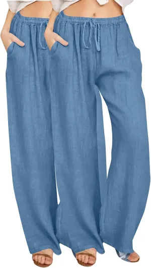 2PC Women's Casual Linen Pant Summer Drawstring Straight Slacks Elastic Waist Leg Palazzo Flowy Wide Leg Pants