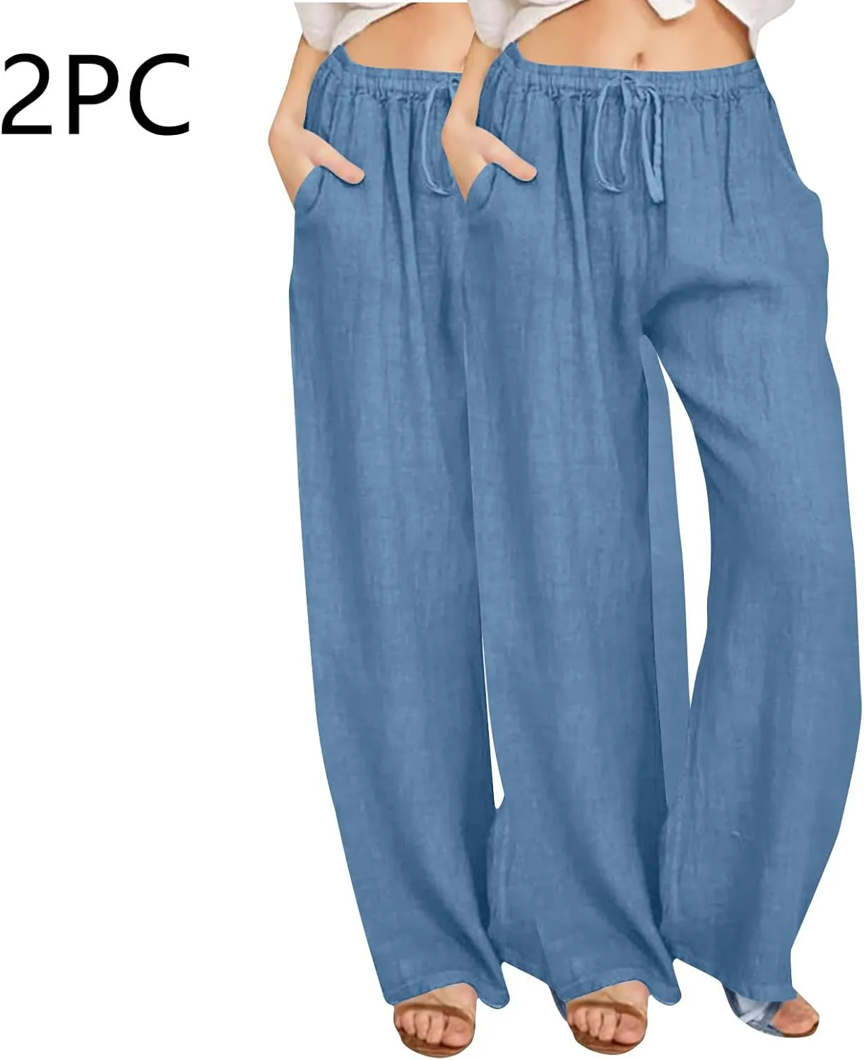 2PC Women's Casual Linen Pant Summer Drawstring Straight Slacks Elastic Waist Leg Palazzo Flowy Wide Leg Pants
