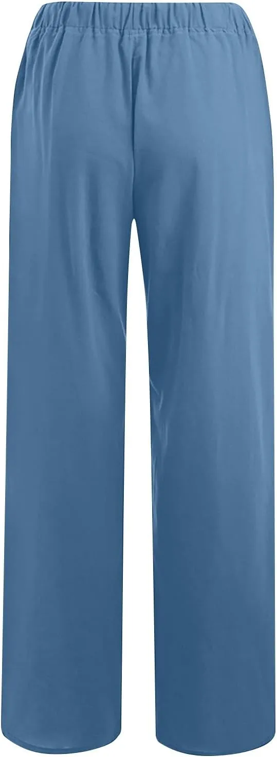 2PC Women's Casual Linen Pant Summer Drawstring Straight Slacks Elastic Waist Leg Palazzo Flowy Wide Leg Pants