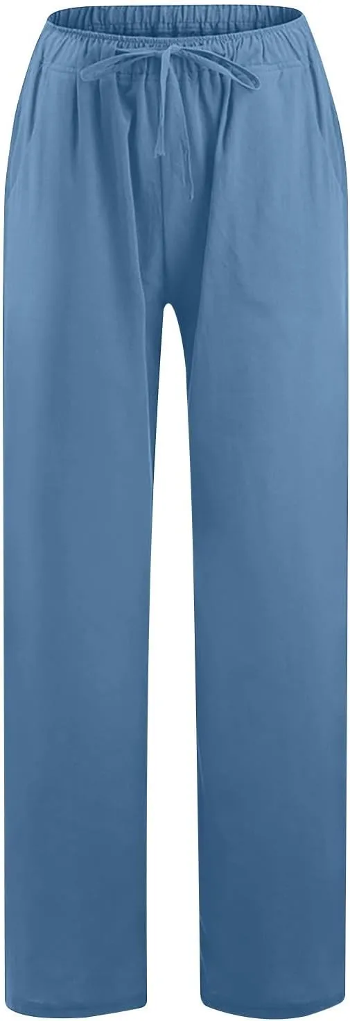 2PC Women's Casual Linen Pant Summer Drawstring Straight Slacks Elastic Waist Leg Palazzo Flowy Wide Leg Pants
