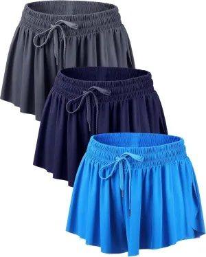 3 Pcs Flowy Running Shorts for Women 2 in 1 Butterfly Shorts with Pockets Spandex Liner Athletic Workout