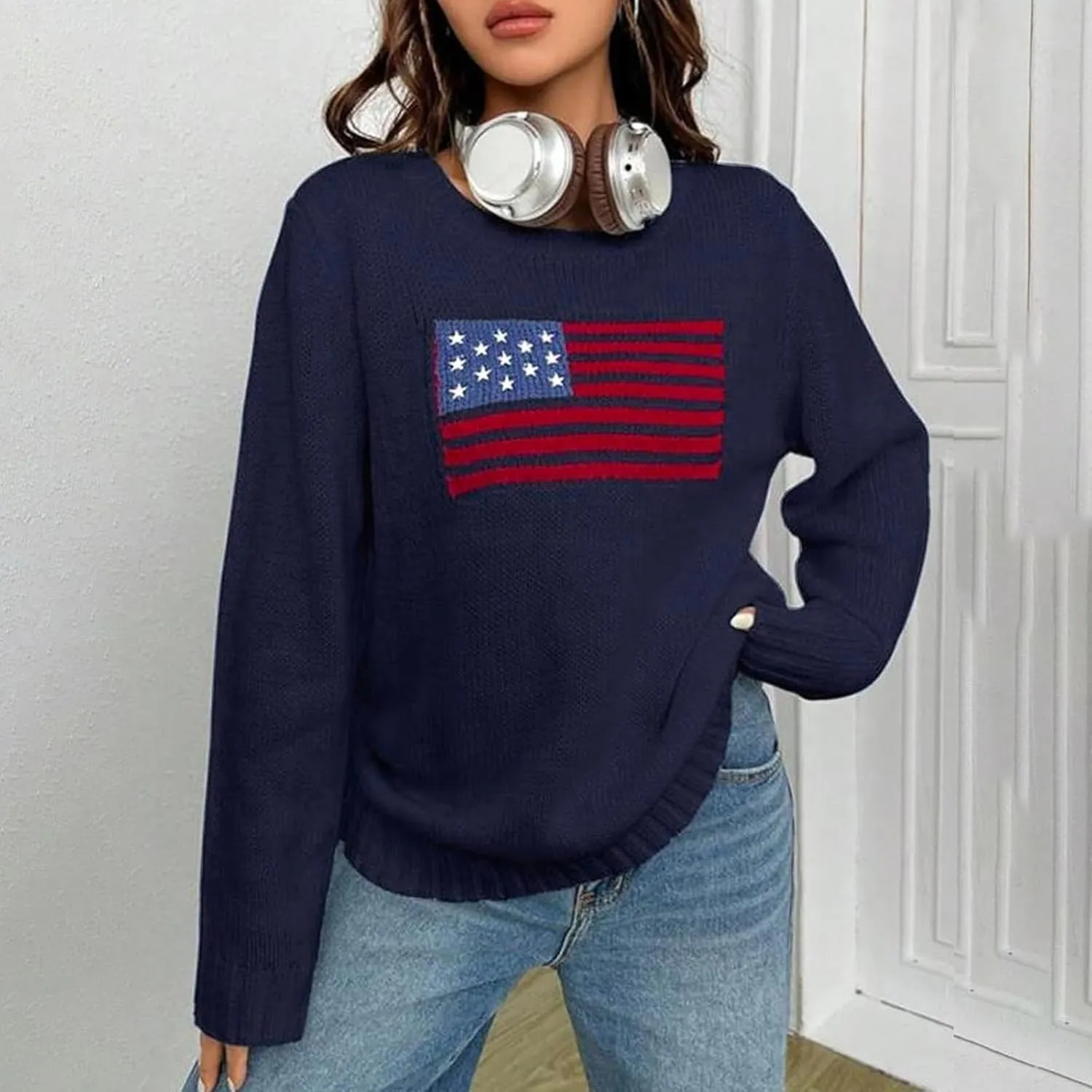 4th of July Outfits for Women American Flag Sweater Red White and Blue Usa Patriotic Long Sleeve Crewneck Sweatshirts