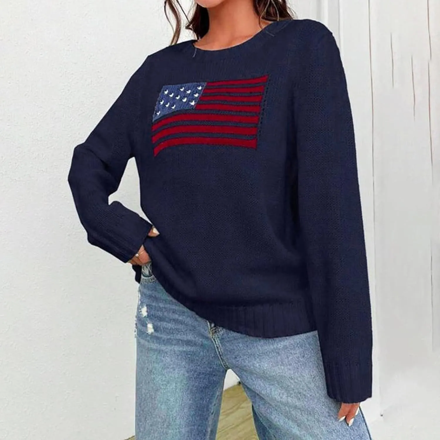 4th of July Outfits for Women American Flag Sweater Red White and Blue Usa Patriotic Long Sleeve Crewneck Sweatshirts