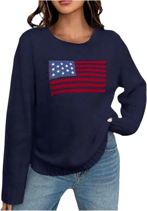 4th of July Outfits for Women American Flag Sweater Red White and Blue Usa Patriotic Long Sleeve Crewneck Sweatshirts