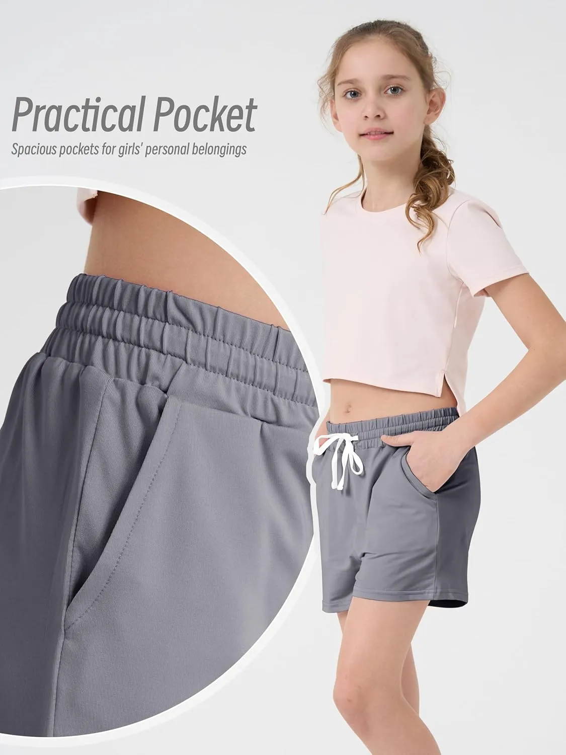 5 Pack Girls Athletic Shorts Girls Soccer Running Performance Active Dry-Fit Sports Basketball Shorts with Drawstring Pocket