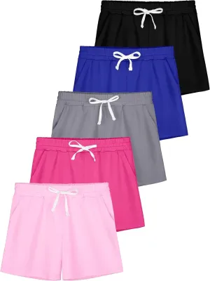 5 Pack Girls Athletic Shorts Girls Soccer Running Performance Active Dry-Fit Sports Basketball Shorts with Drawstring Pocket