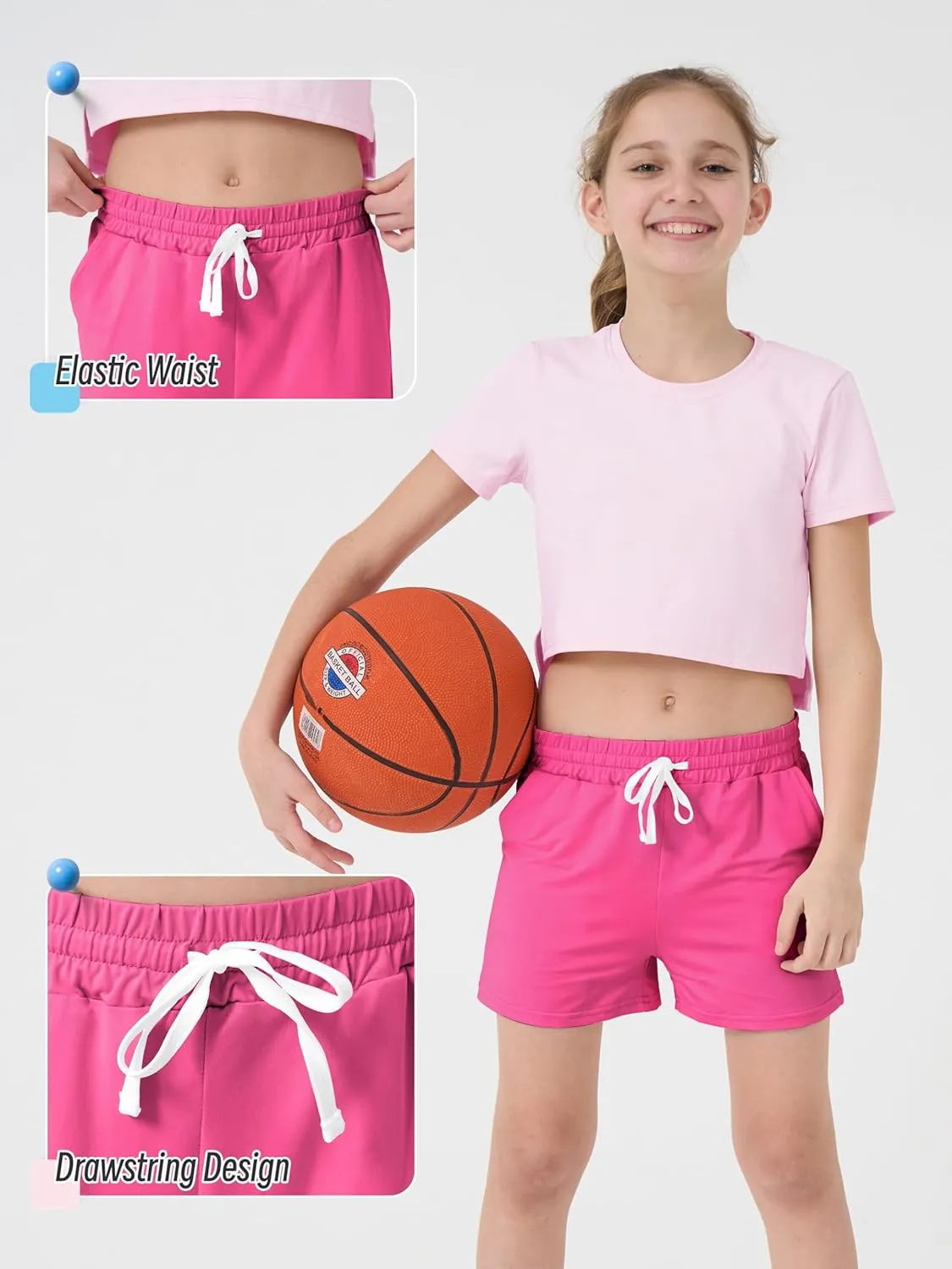 5 Pack Girls Athletic Shorts Girls Soccer Running Performance Active Dry-Fit Sports Basketball Shorts with Drawstring Pocket