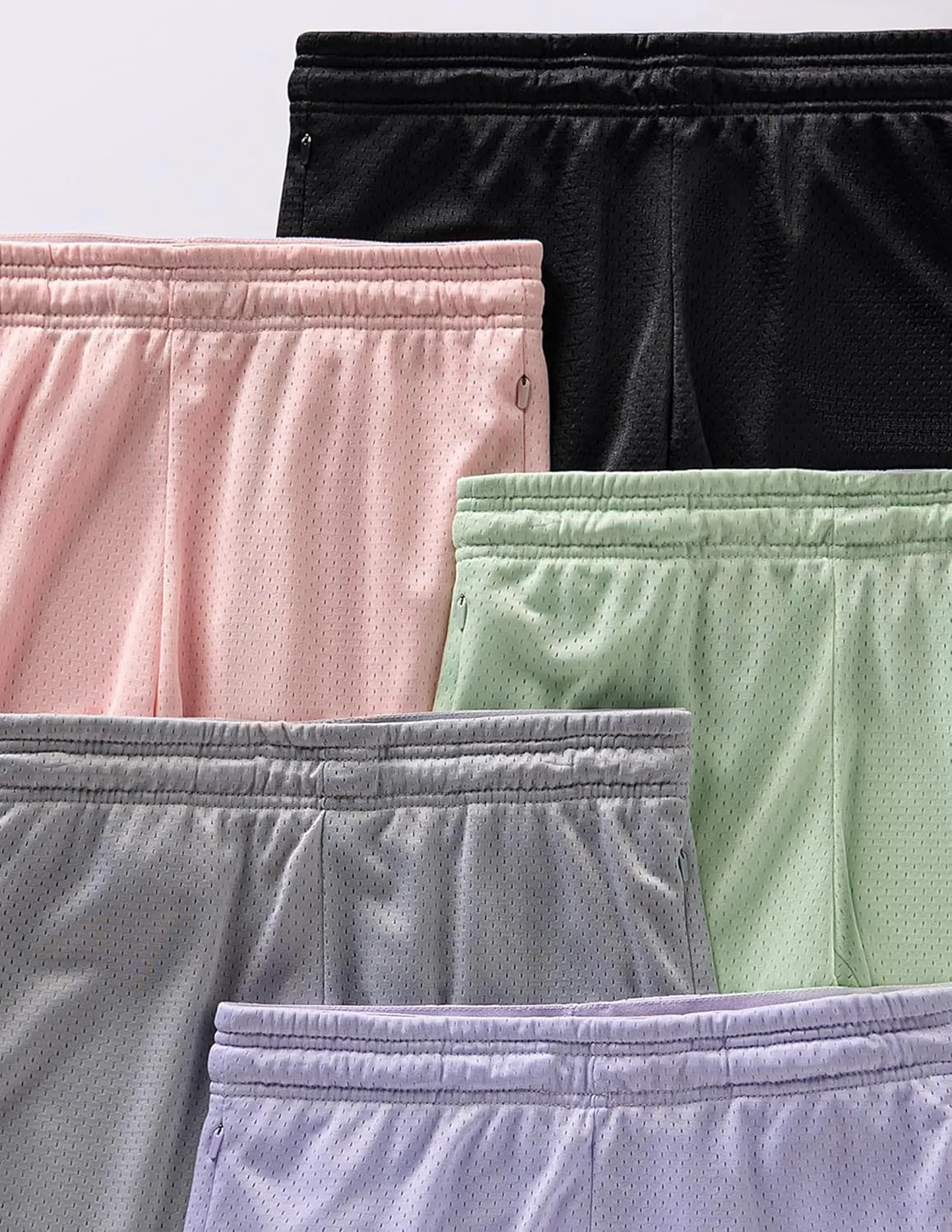 5-Pack Women's Athletic Shorts Mesh Basketball, Ladies Active Loose Pull-On Shorts with Zipper Pockets, 5" Inseam