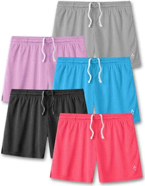 5-Pack Women's Athletic Shorts Mesh Basketball, Ladies Active Loose Pull-On Shorts with Zipper Pockets, 5" Inseam