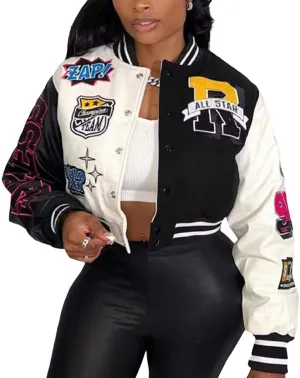 ACEFAST INC Womens Varsity Jacket Long Sleeve Button Down Cropped Bomber Jackets Casual Baseball Coat Y2K Streetwear