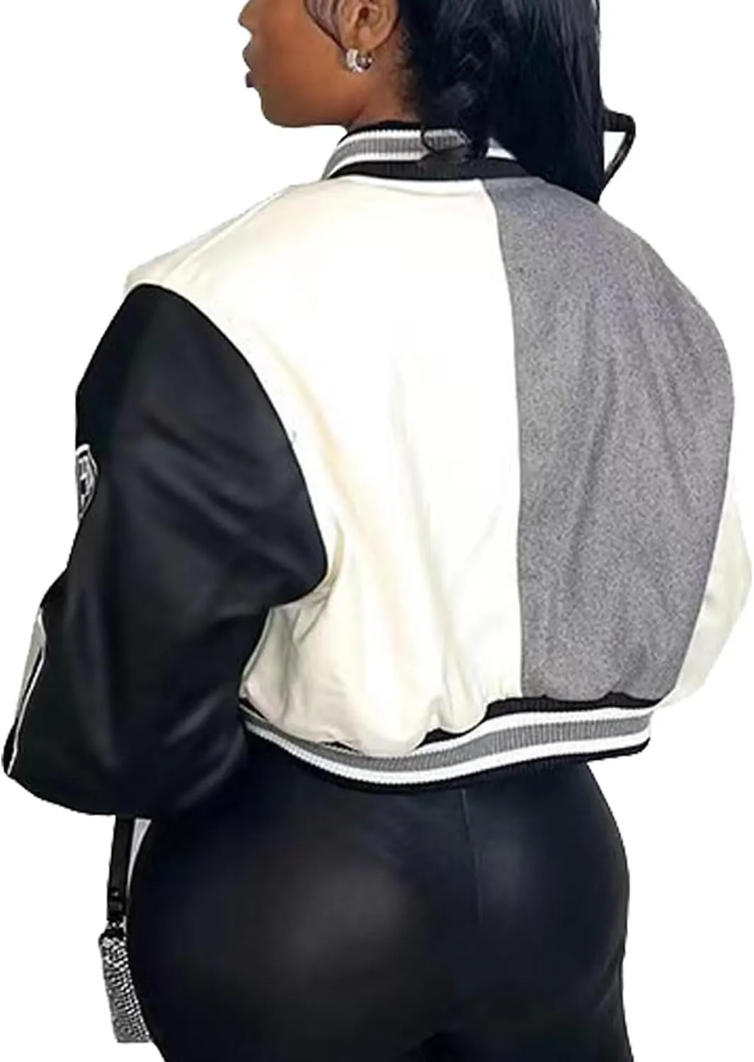 ACEFAST INC Womens Varsity Jacket Long Sleeve Button Down Cropped Bomber Jackets Casual Baseball Coat Y2K Streetwear