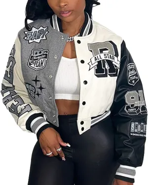 ACEFAST INC Womens Varsity Jacket Long Sleeve Button Down Cropped Bomber Jackets Casual Baseball Coat Y2K Streetwear
