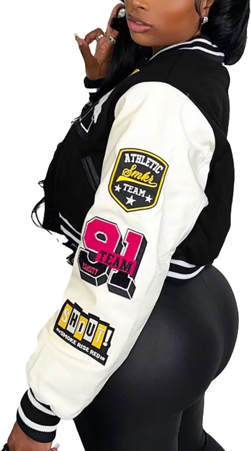 ACEFAST INC Womens Varsity Jacket Long Sleeve Button Down Cropped Bomber Jackets Casual Baseball Coat Y2K Streetwear