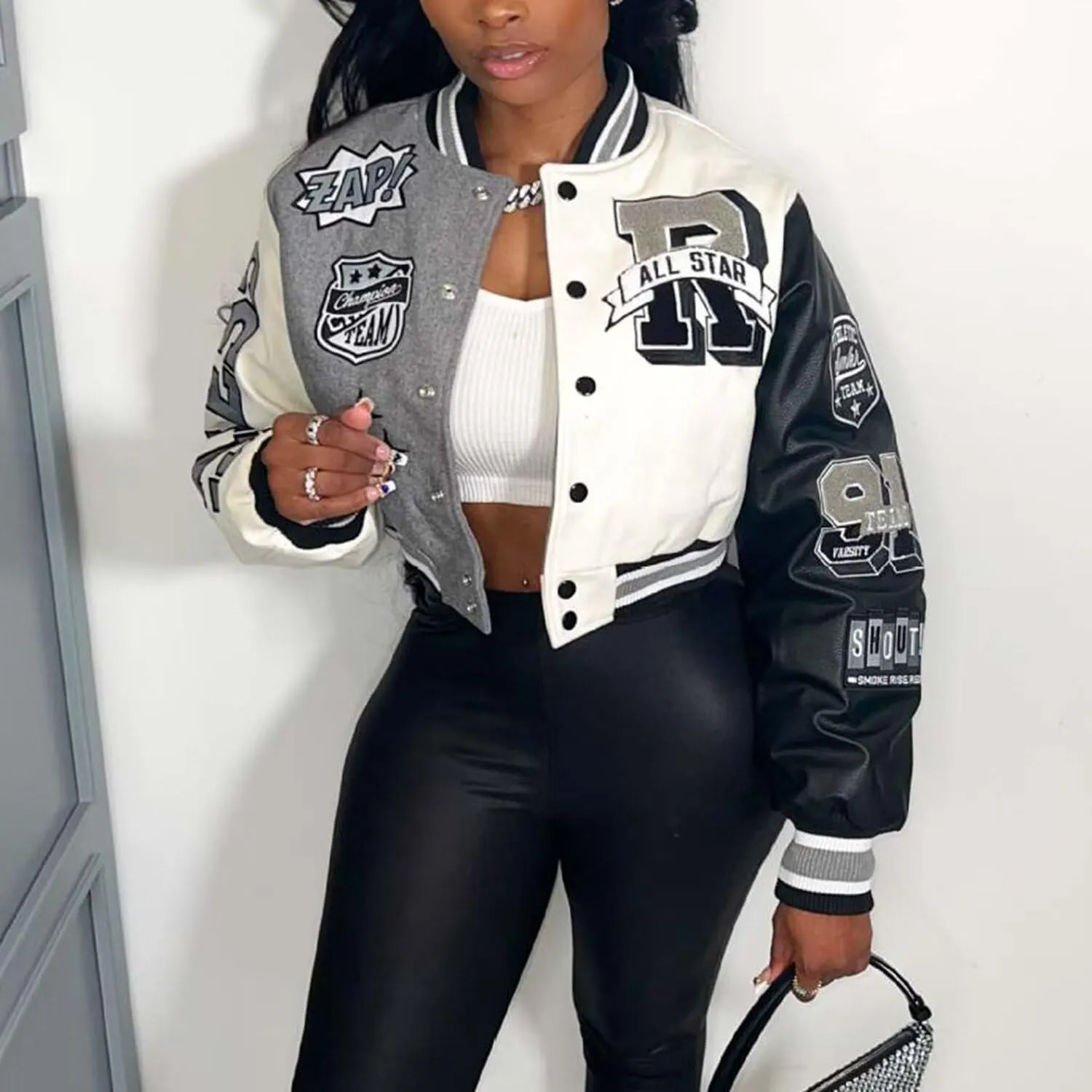 ACEFAST INC Womens Varsity Jacket Long Sleeve Button Down Cropped Bomber Jackets Casual Baseball Coat Y2K Streetwear