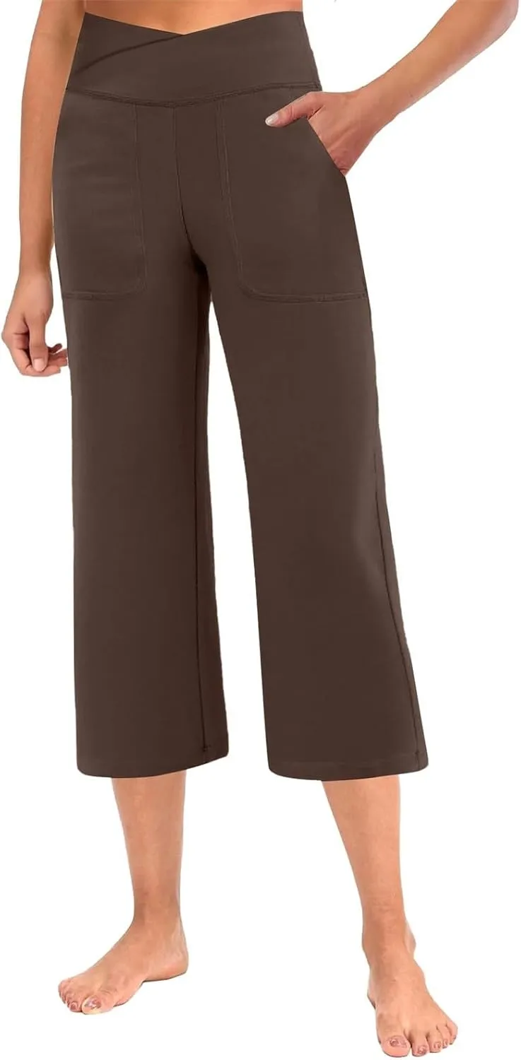ADHOWBEW Capri Pants for Women Drawstring Flowy High Waist Wide Leg Dressy Trendy Summer Cotton Comfy Slacks with Pockets