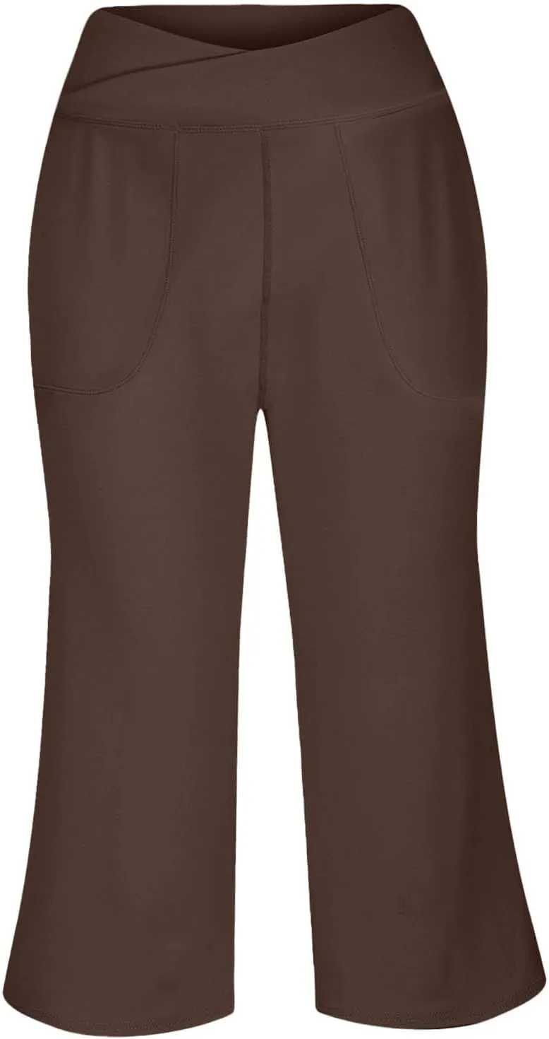 ADHOWBEW Capri Pants for Women Drawstring Flowy High Waist Wide Leg Dressy Trendy Summer Cotton Comfy Slacks with Pockets