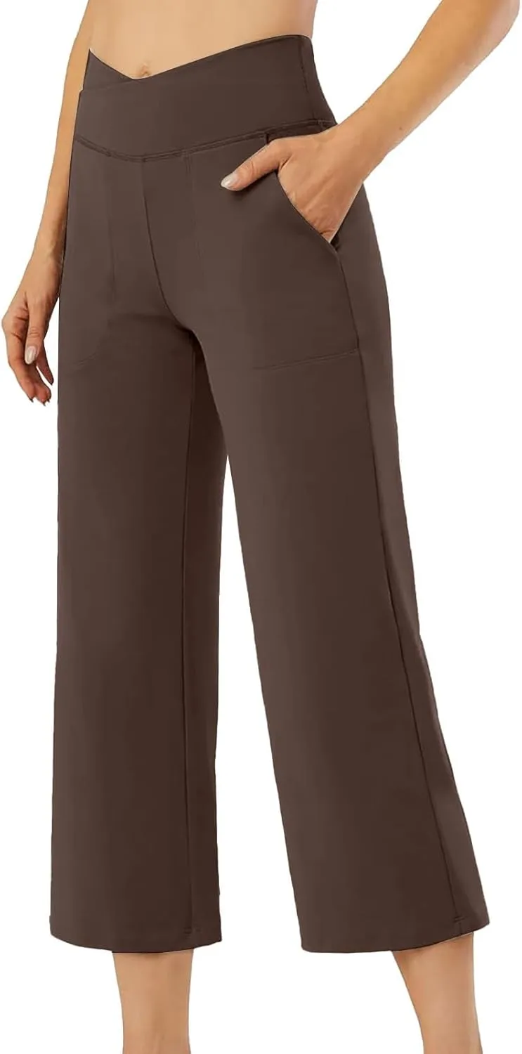 ADHOWBEW Capri Pants for Women Drawstring Flowy High Waist Wide Leg Dressy Trendy Summer Cotton Comfy Slacks with Pockets