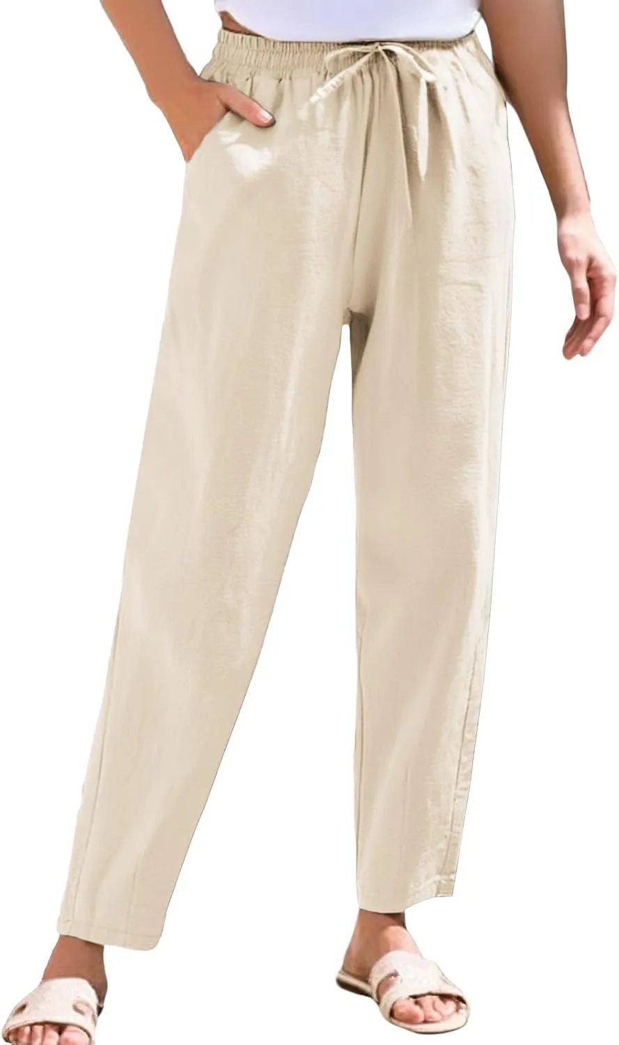 ADHOWBEW Women Linen Pants Plus Size High Waisted Petite Casual Work Cotton Flowy Dressy Lounge Stretch Beach Pants
