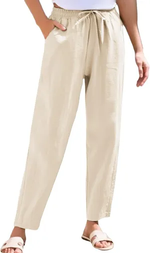 ADHOWBEW Women Linen Pants Plus Size High Waisted Petite Casual Work Cotton Flowy Dressy Lounge Stretch Beach Pants