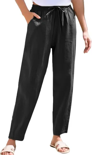 ADHOWBEW Women Linen Pants Plus Size High Waisted Petite Casual Work Cotton Flowy Dressy Lounge Stretch Beach Pants