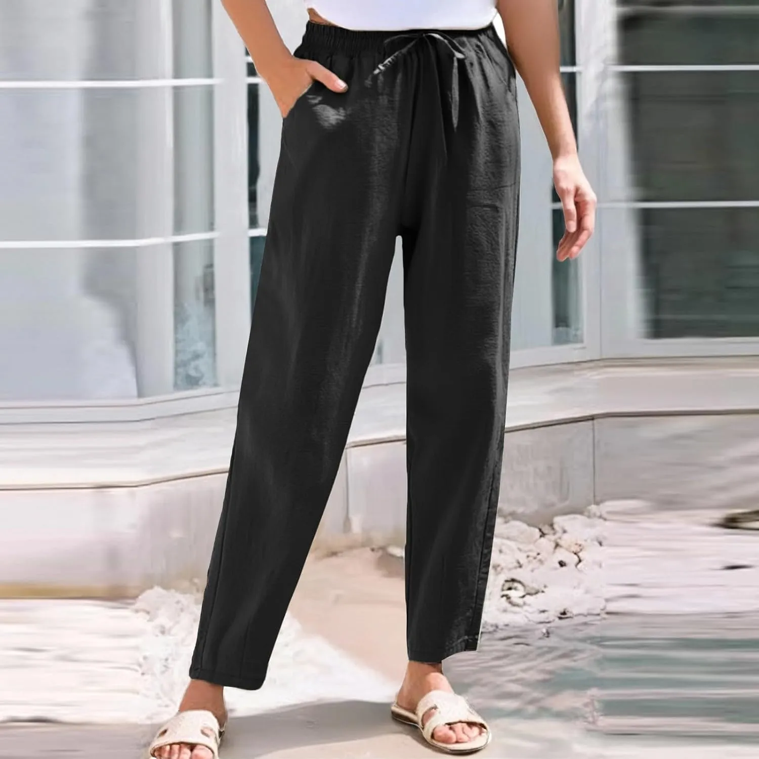 ADHOWBEW Women Linen Pants Plus Size High Waisted Petite Casual Work Cotton Flowy Dressy Lounge Stretch Beach Pants