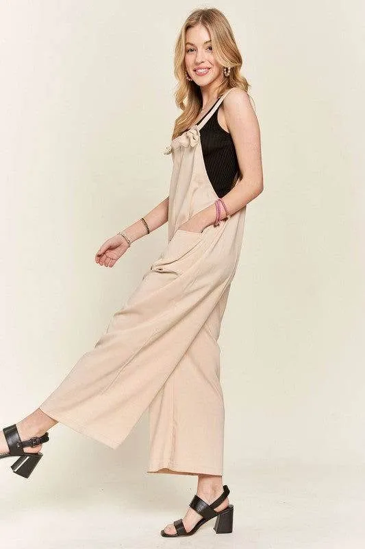 ADORA Knotted Wide Strap Wide Leg Overalls In Tan