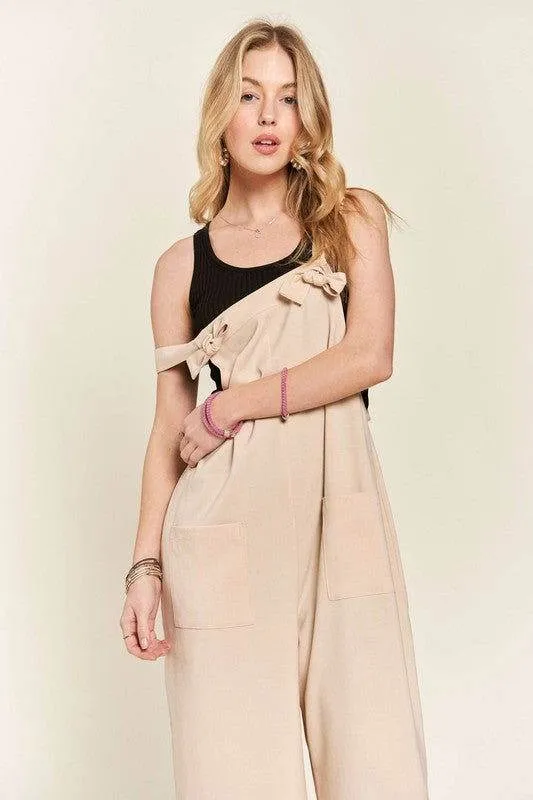 ADORA Knotted Wide Strap Wide Leg Overalls In Tan