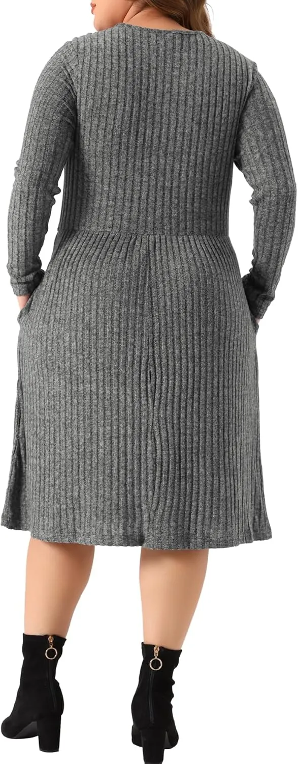 Agnes Orinda Plus Size Dresses for Women Round Neck Long Sleeve Elegant Ribbed Midi Knit Sweater Dress