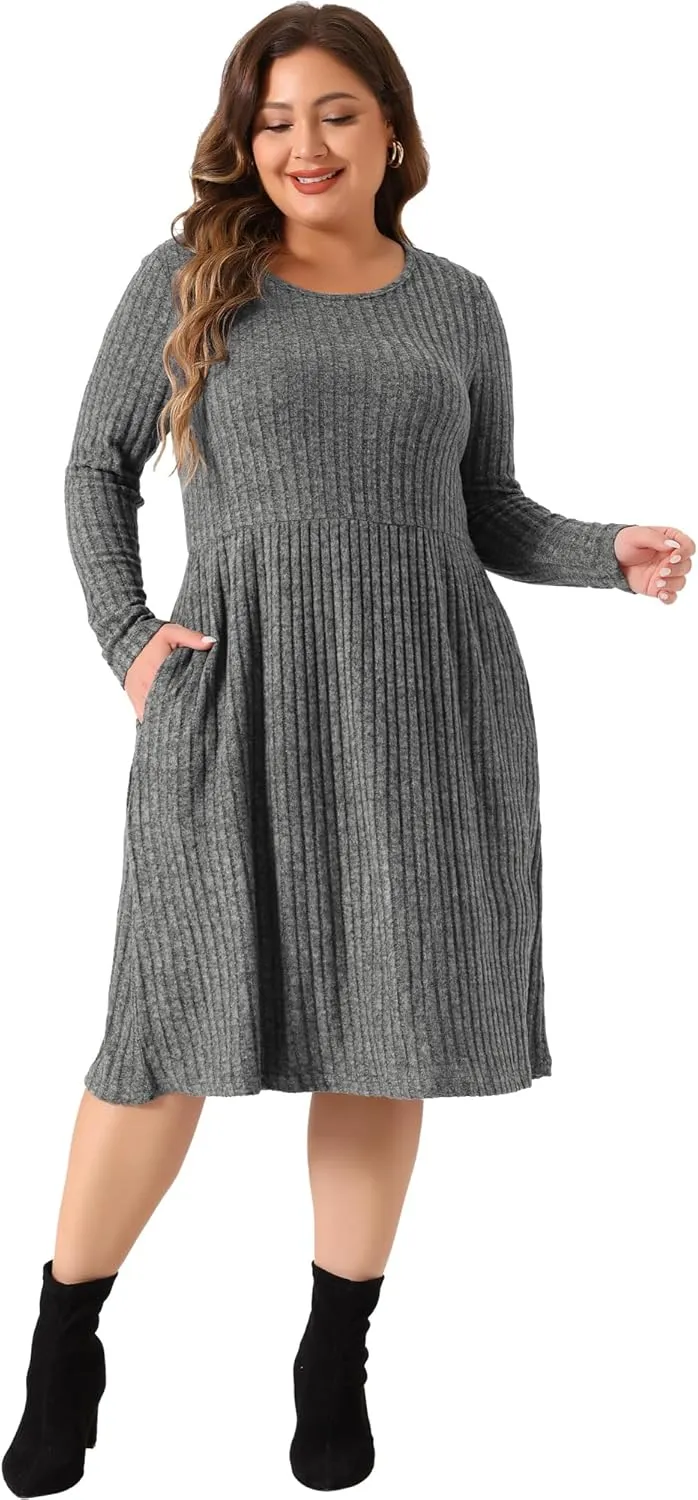 Agnes Orinda Plus Size Dresses for Women Round Neck Long Sleeve Elegant Ribbed Midi Knit Sweater Dress