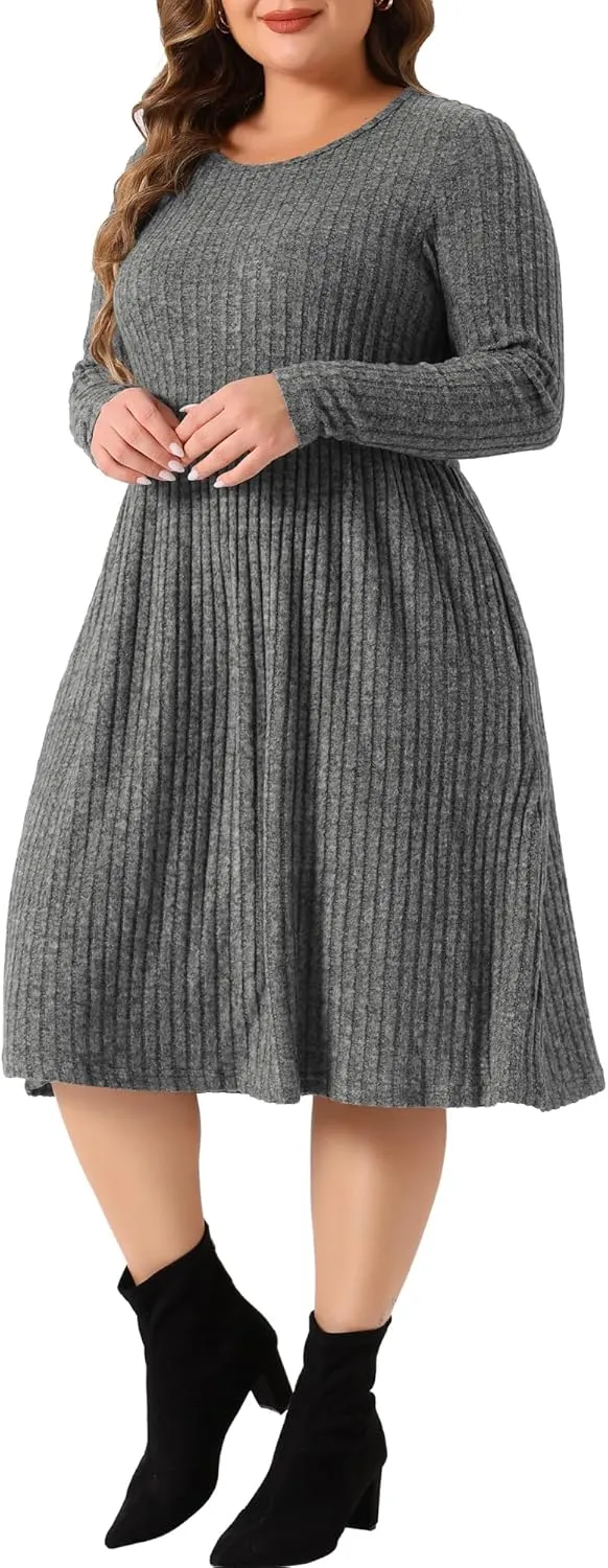 Agnes Orinda Plus Size Dresses for Women Round Neck Long Sleeve Elegant Ribbed Midi Knit Sweater Dress