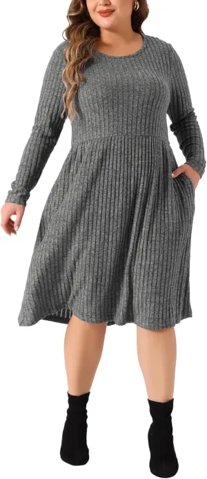 Agnes Orinda Plus Size Dresses for Women Round Neck Long Sleeve Elegant Ribbed Midi Knit Sweater Dress