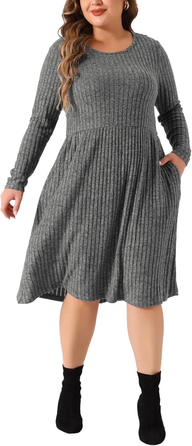 Agnes Orinda Plus Size Dresses for Women Round Neck Long Sleeve Elegant Ribbed Midi Knit Sweater Dress
