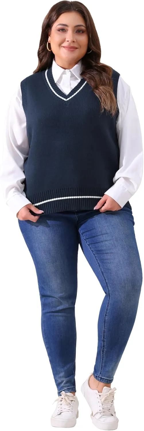 Agnes Orinda Plus Size Sweater Vest for Women V Neck Stripe Cable Knit Sleeveless Pullover Sweater Vest