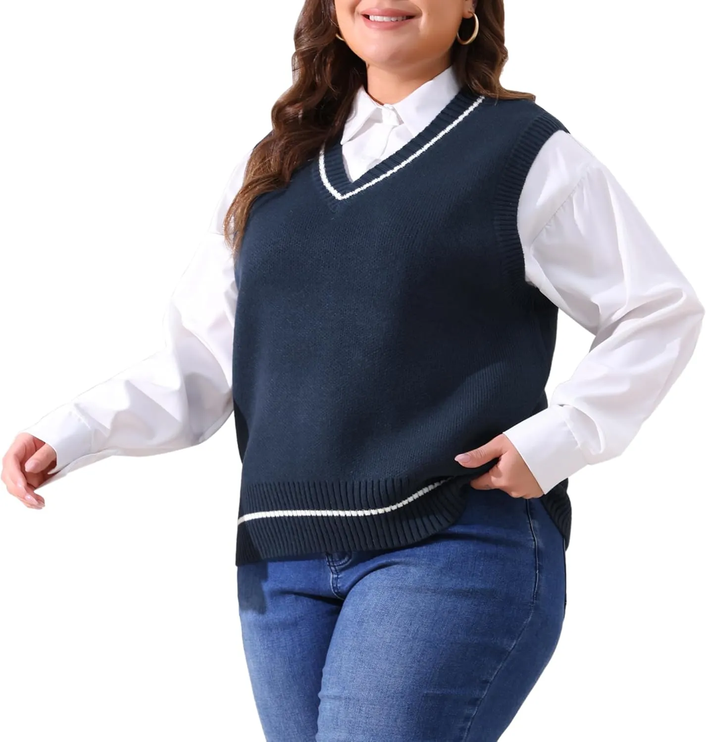 Agnes Orinda Plus Size Sweater Vest for Women V Neck Stripe Cable Knit Sleeveless Pullover Sweater Vest