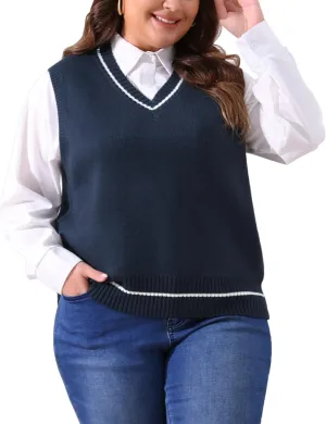 Agnes Orinda Plus Size Sweater Vest for Women V Neck Stripe Cable Knit Sleeveless Pullover Sweater Vest