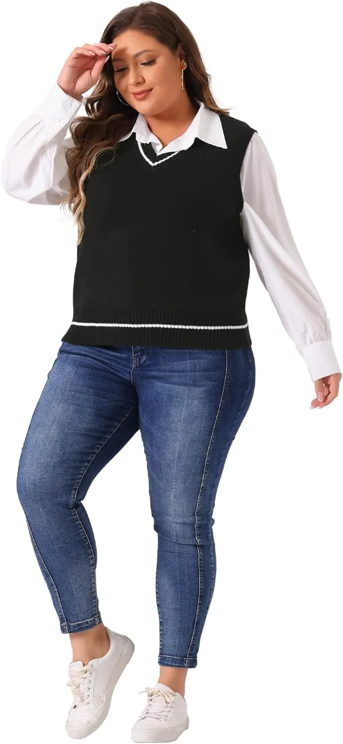 Agnes Orinda Plus Size Sweater Vest for Women V Neck Stripe Cable Knit Sleeveless Pullover Sweater Vest