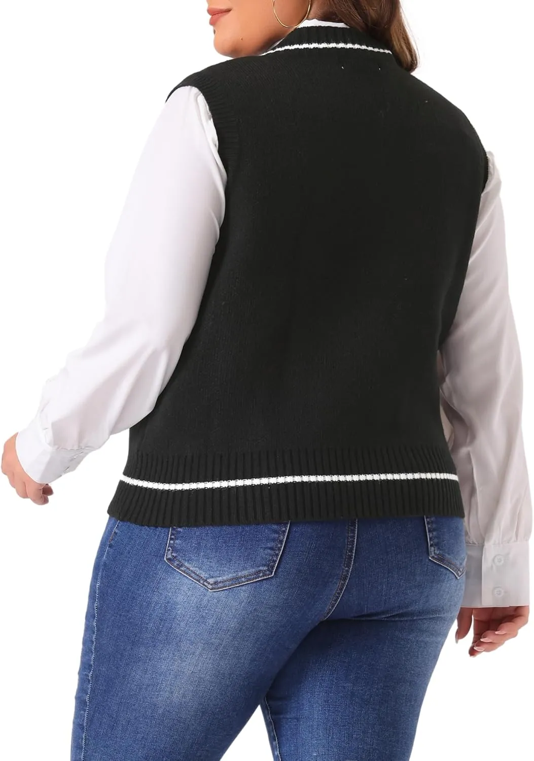 Agnes Orinda Plus Size Sweater Vest for Women V Neck Stripe Cable Knit Sleeveless Pullover Sweater Vest