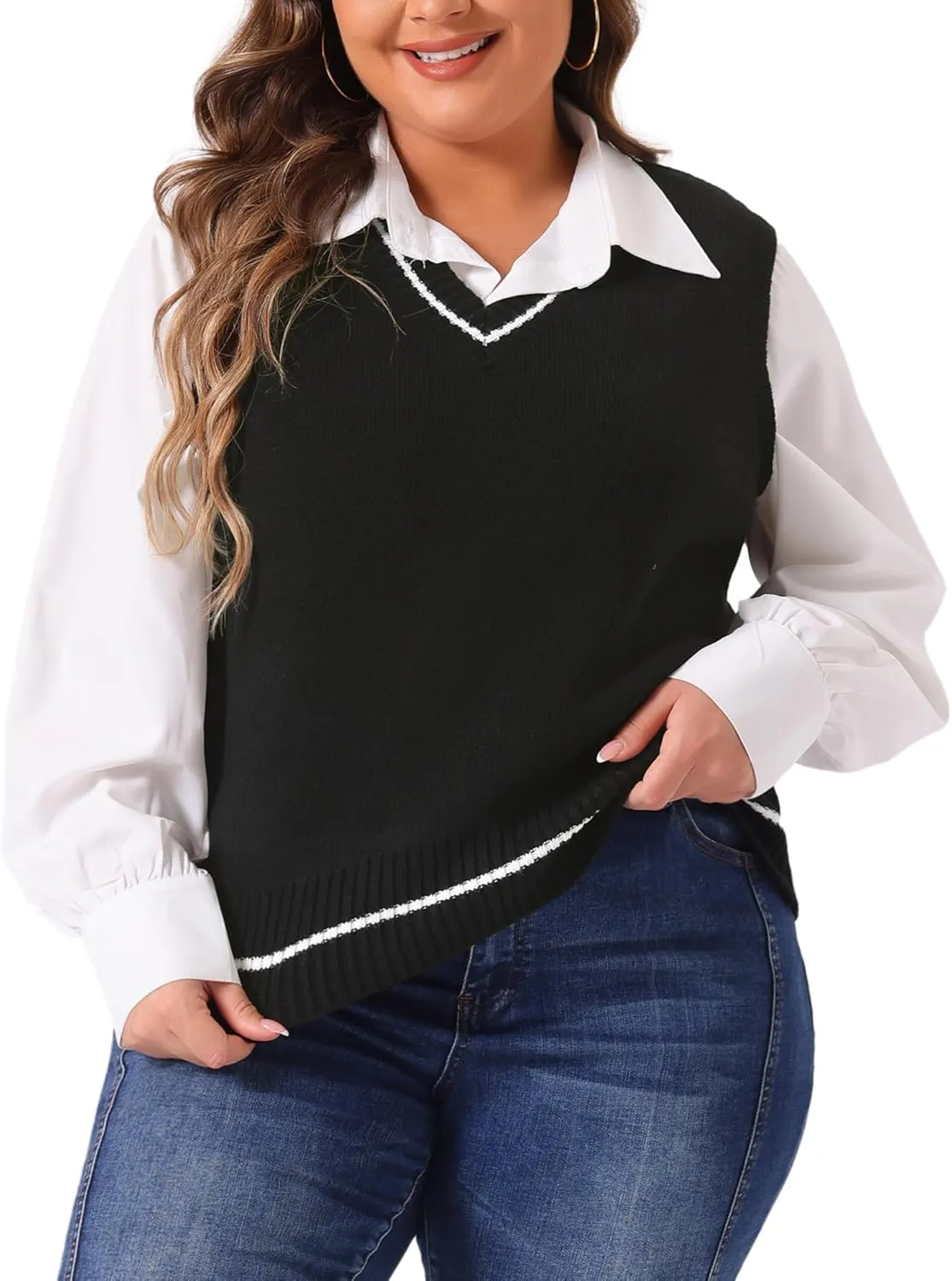 Agnes Orinda Plus Size Sweater Vest for Women V Neck Stripe Cable Knit Sleeveless Pullover Sweater Vest
