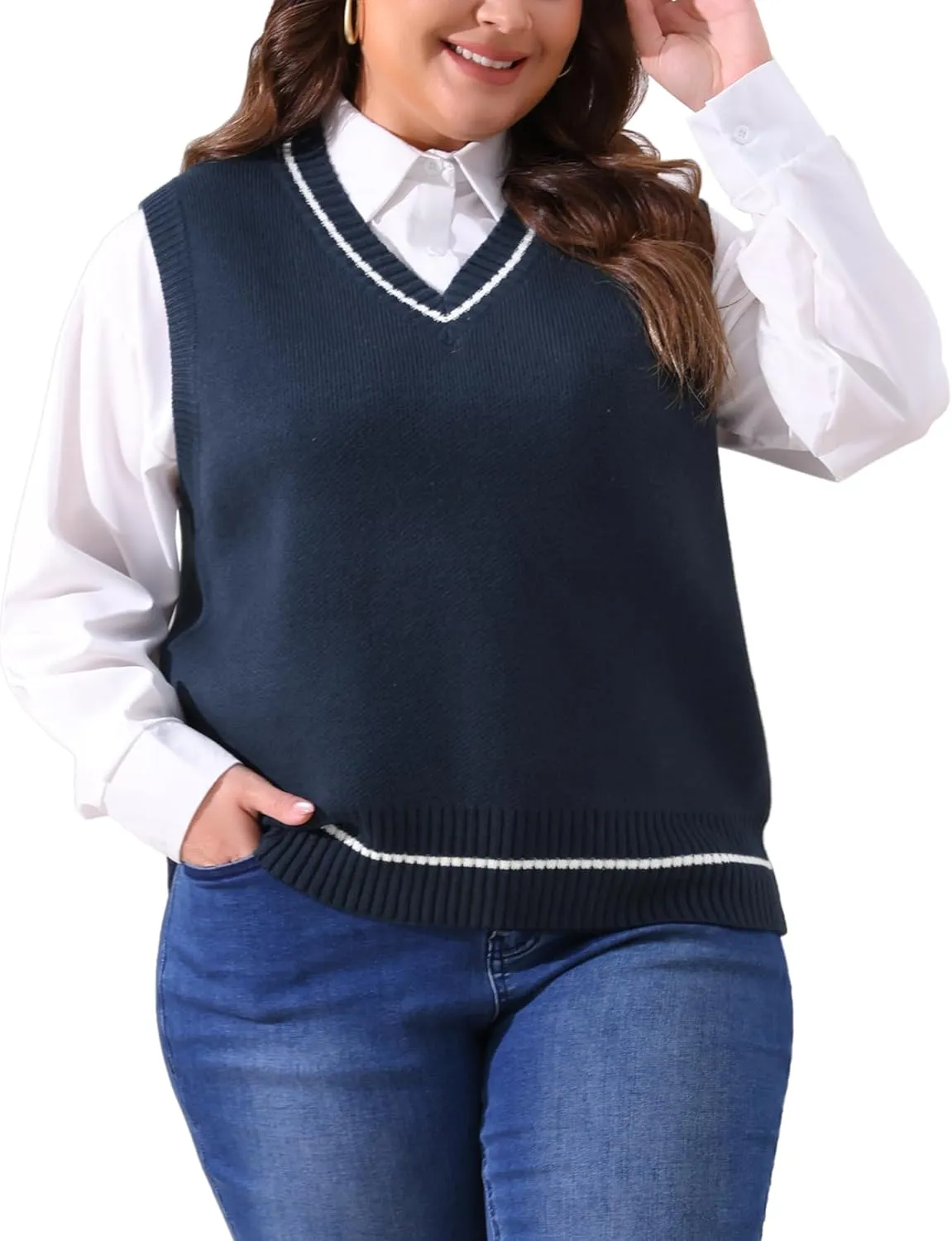 Agnes Orinda Plus Size Sweater Vest for Women V Neck Stripe Cable Knit Sleeveless Pullover Sweater Vest