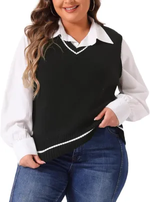 Agnes Orinda Plus Size Sweater Vest for Women V Neck Stripe Cable Knit Sleeveless Pullover Sweater Vest