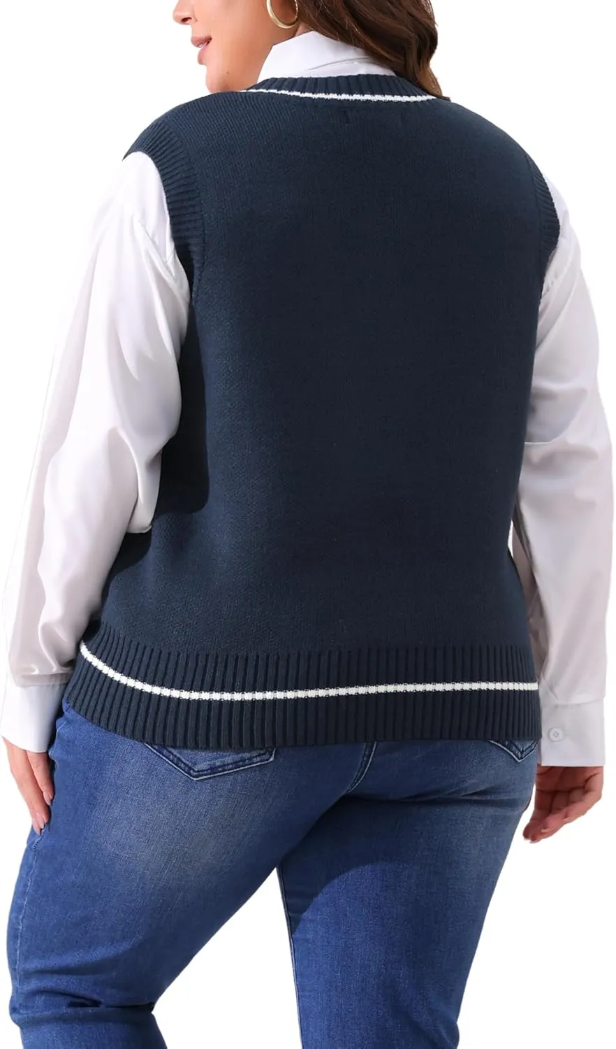 Agnes Orinda Plus Size Sweater Vest for Women V Neck Stripe Cable Knit Sleeveless Pullover Sweater Vest