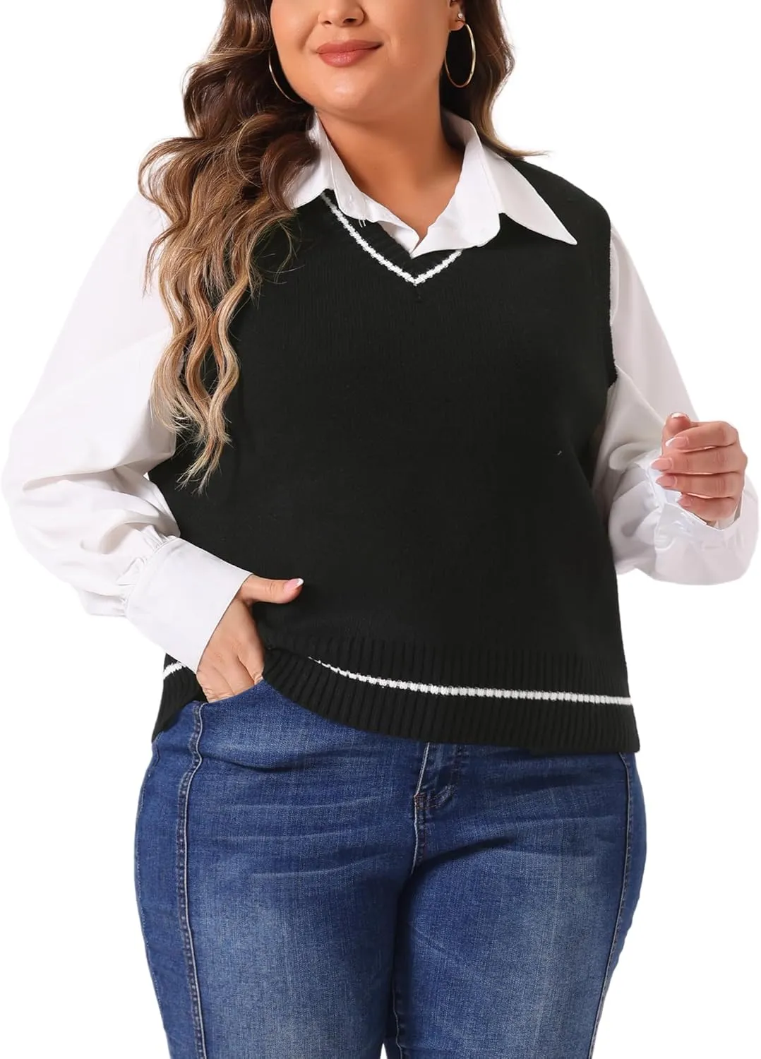 Agnes Orinda Plus Size Sweater Vest for Women V Neck Stripe Cable Knit Sleeveless Pullover Sweater Vest