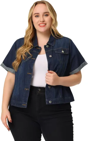 Agnes Orinda Women's Plus Size Denim Jacket Short Sleeve Lapel Button Front Work Western Outfit Jean Jackets